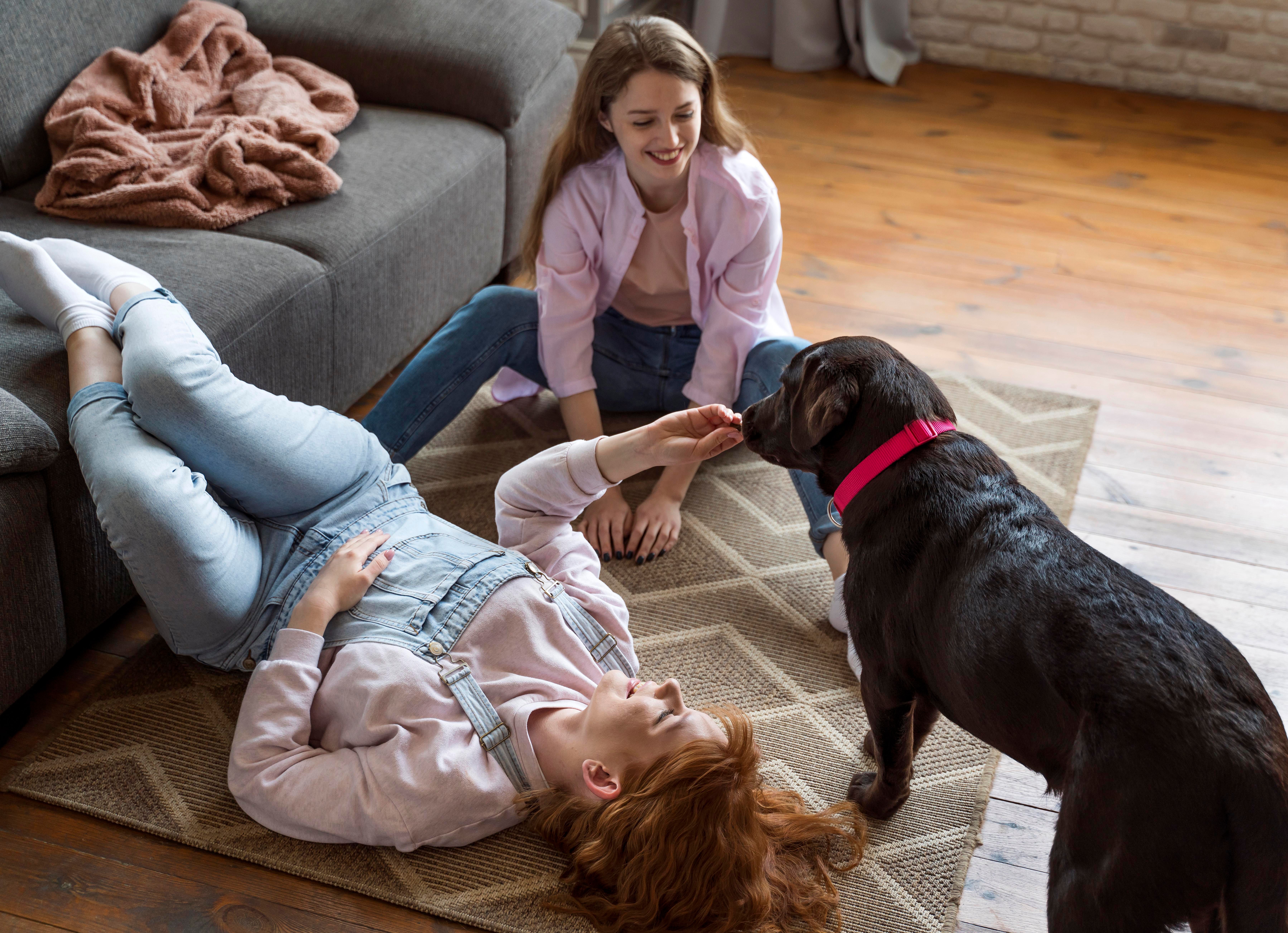 Two women sitting on the floor playing with a black lab